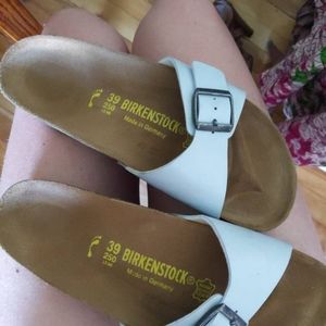 Blue single strap Birkenstocks